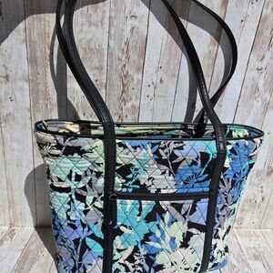 Vera Bradley Quilted Tote Blue Floral Black Trim Shoulder Bag Large